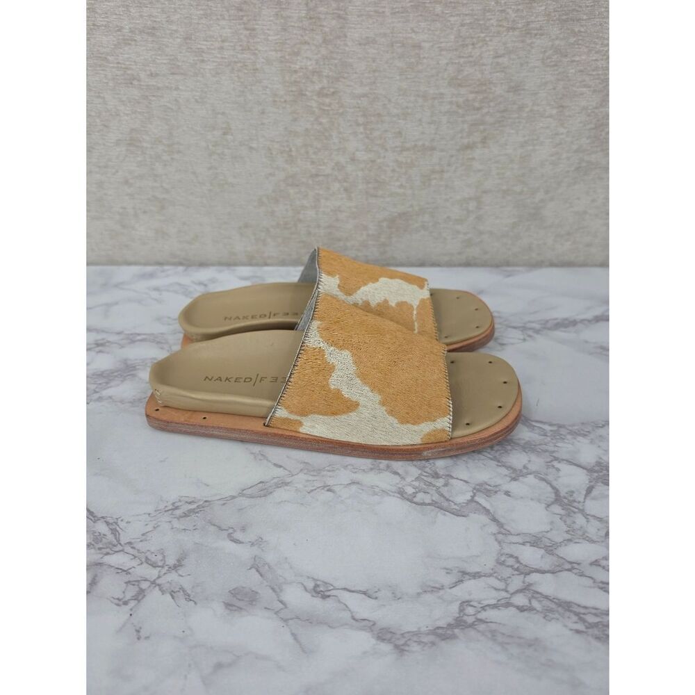 Naked Feet Women's Tan & Cream Cowhide Slide Sandals Leather Soles